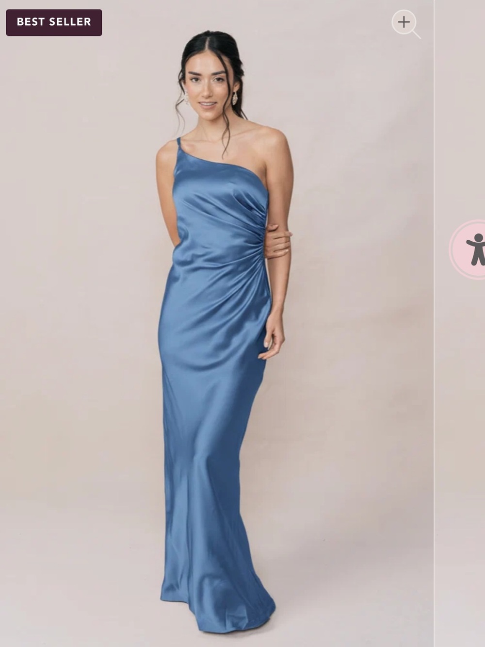 One-Shoulder Satin Evening Dress in Steel Blue